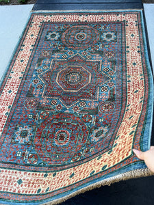 4x6 (120x215) Handmade Afghan Rug | Denim Blue Brick Red Sky Blue Ivory Pine Green  | Hand Knotted Flatweave Mamluk Wool Boho Oushak Persian