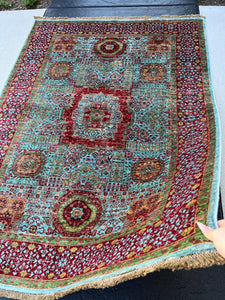 4x6 (120x215) Fair Trade Handmade Afghan Rug | Red Sky Blue Green Orange Chocolate Brown  | Knotted Tribal Turkish Oushak Persian Oriental