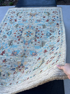 5x7 (150x215) Handmade Afghan Rug | Grey Gray Sky Blue Red Ivory Cream Gold Caramael Navy Blue Moss Green | Floral Tribal Knotted Wool Boho