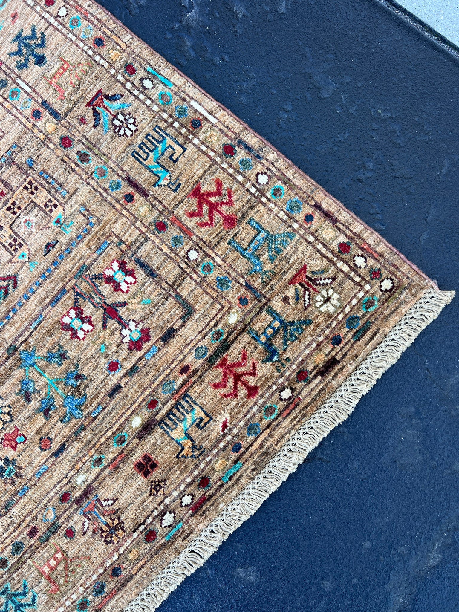 3x10 (90x305) Handmade Afghan Runner Rug | Brown Mocha Brown Red Blue Turquoise Ivory Green Turkish Moroccan Oriental Animals Plants Trees