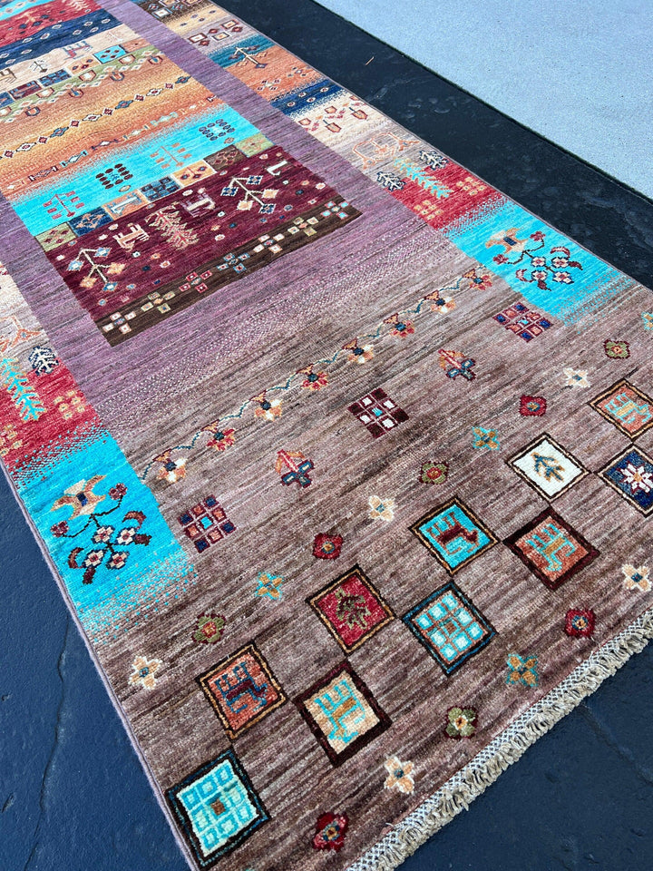 3x10 Fair Trade Handmade Afghan Runner | Eggplant Mauve Purple Chocolate Brown Sky Blue Brick Red Orange Ivory Green Dark Brown Navy Blue