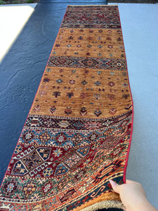 3x10 (90x305) Handmade Afghan Runner Rug | Caramel Gold Red Green Denim Blue Burnt Orange Brick Red Mocha Brown Ivory | Turkish Moroccan