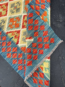 4x16 Handmade Kilim Afghan Runner Rug | Teal Blue Olive Lime Green Burnt Orange Cream Beige Ivory Brick Red | Geometric Tribal Wool