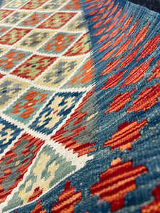 4x16 Handmade Kilim Afghan Runner Rug | Teal Blue Olive Lime Green Burnt Orange Cream Beige Ivory Brick Red | Geometric Tribal Wool