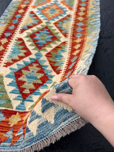 3x7 (100x200) Handmade Afghan Kilim Runner Rug | Denim Blue Olive Taupe Rust Orange Teal Ivory Cream Beige Orange | Hand Knotted Wool