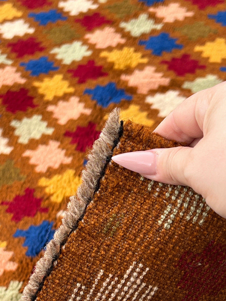 4x6 (120x215) Handmade Vintage Baluch Afghan Rug | Hazel Olive Brown Pink Blue Ivory Turquoise Garnet Red Gold Moss Green | Geometric Wool