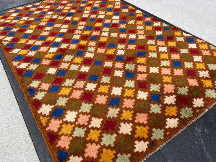 4x6 (120x215) Handmade Vintage Baluch Afghan Rug | Hazel Olive Brown Pink Blue Ivory Turquoise Garnet Red Gold Moss Green | Geometric Wool