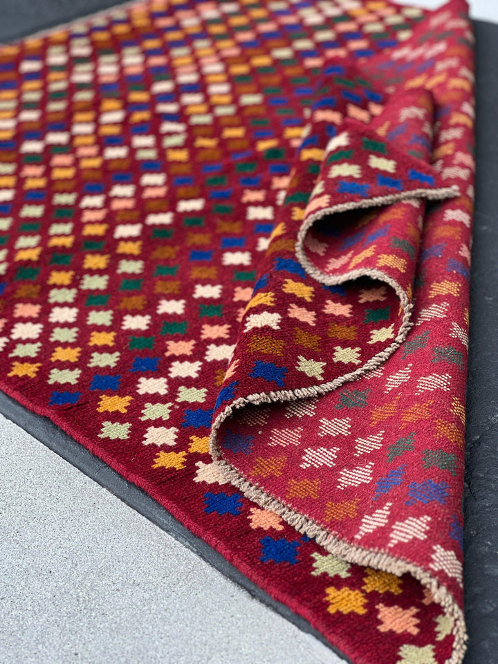 4x6 (120x215) Handmade Vintage Baluch Afghan Rug | Garnet Red Ivory Salmon Pink Orange Mocha Brown Blue Peach Green Cream | Hand Knotted