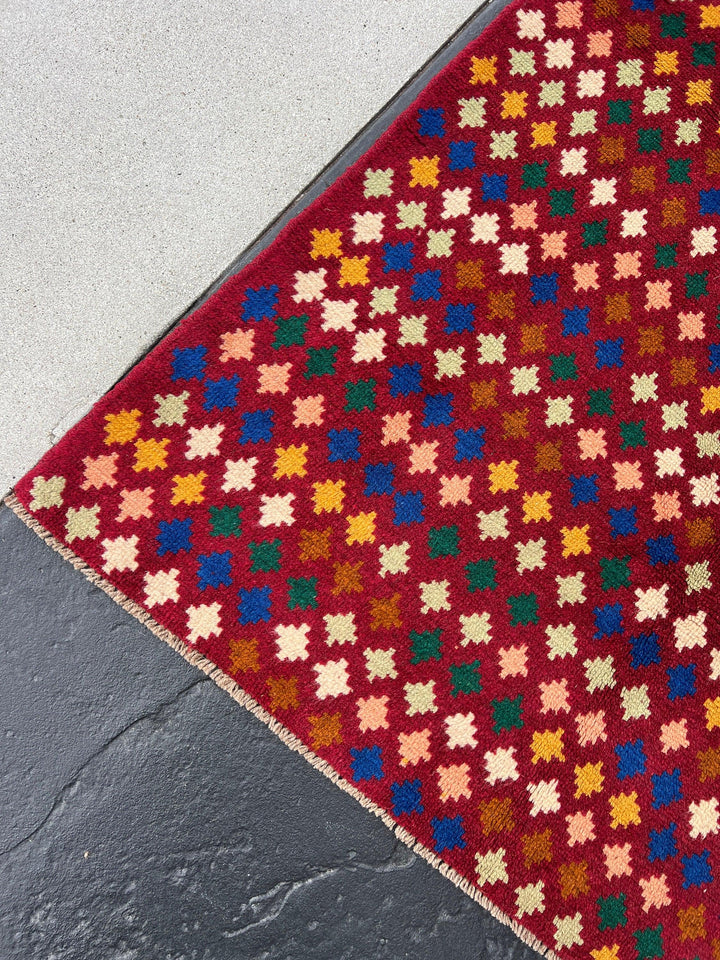 4x6 (120x215) Handmade Vintage Baluch Afghan Rug | Garnet Red Ivory Salmon Pink Orange Mocha Brown Blue Peach Green Cream | Hand Knotted