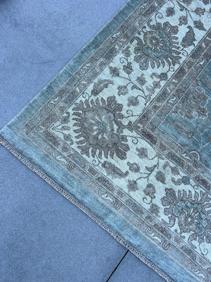 10x14 Fair Trade Handmade Afghan Rug | Muted Neutral Teal Blue Cream Beige Ivory Dirty White | Turkish Oushak Persian Heriz Serapi Floral