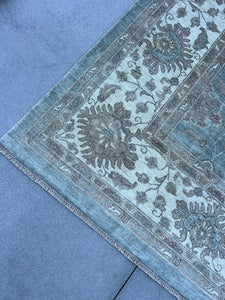 10x14 Fair Trade Handmade Afghan Rug | Muted Neutral Teal Blue Cream Beige Ivory Dirty White | Turkish Oushak Persian Heriz Serapi Floral