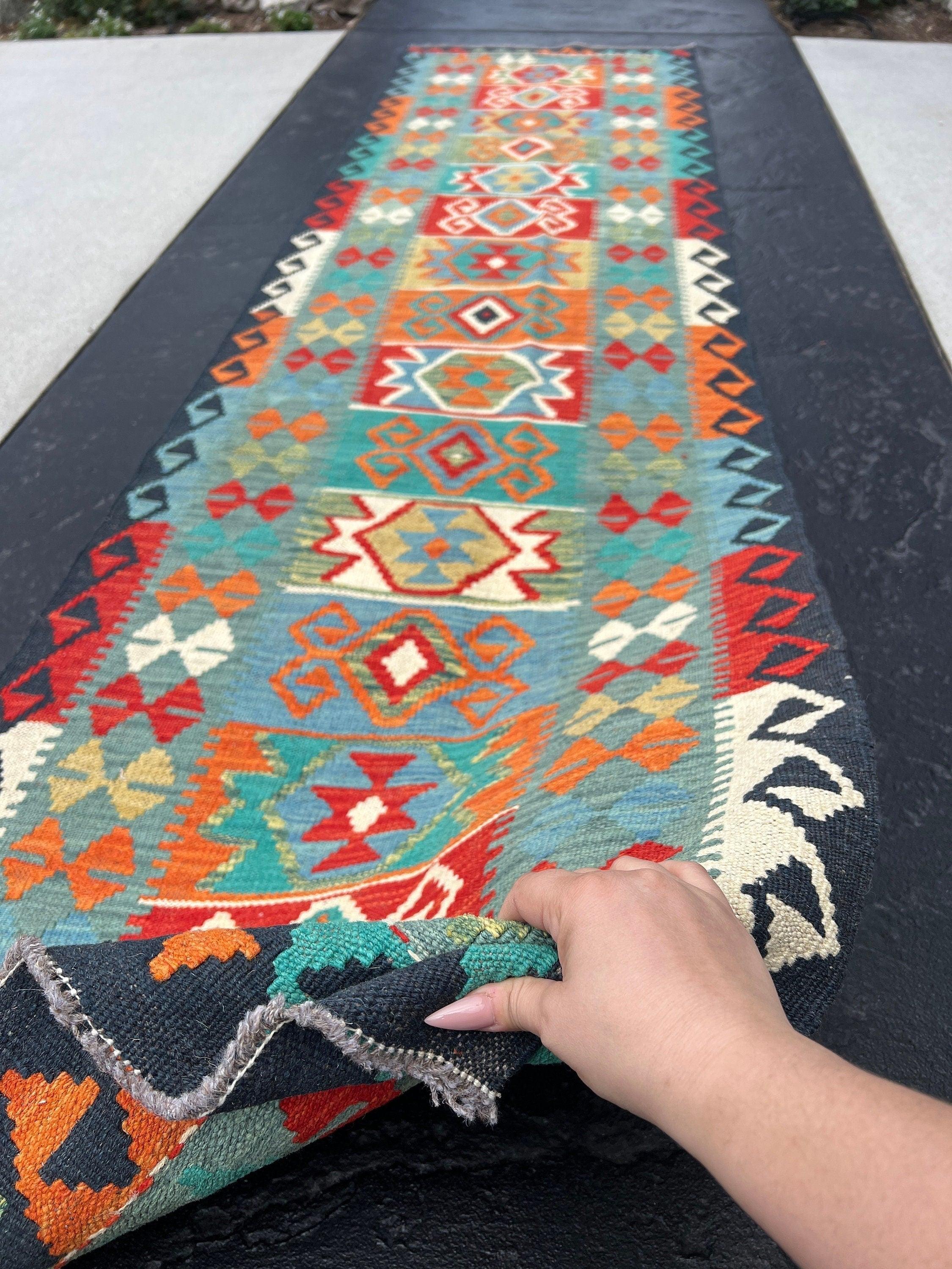 2x10~3x10 (90x335) Handmade Afghan Kilim Runner Rug | Teal Olive Burnt Orange Turquoise Denim Blue Brick Red Mint Green Ivory Geometric Wool