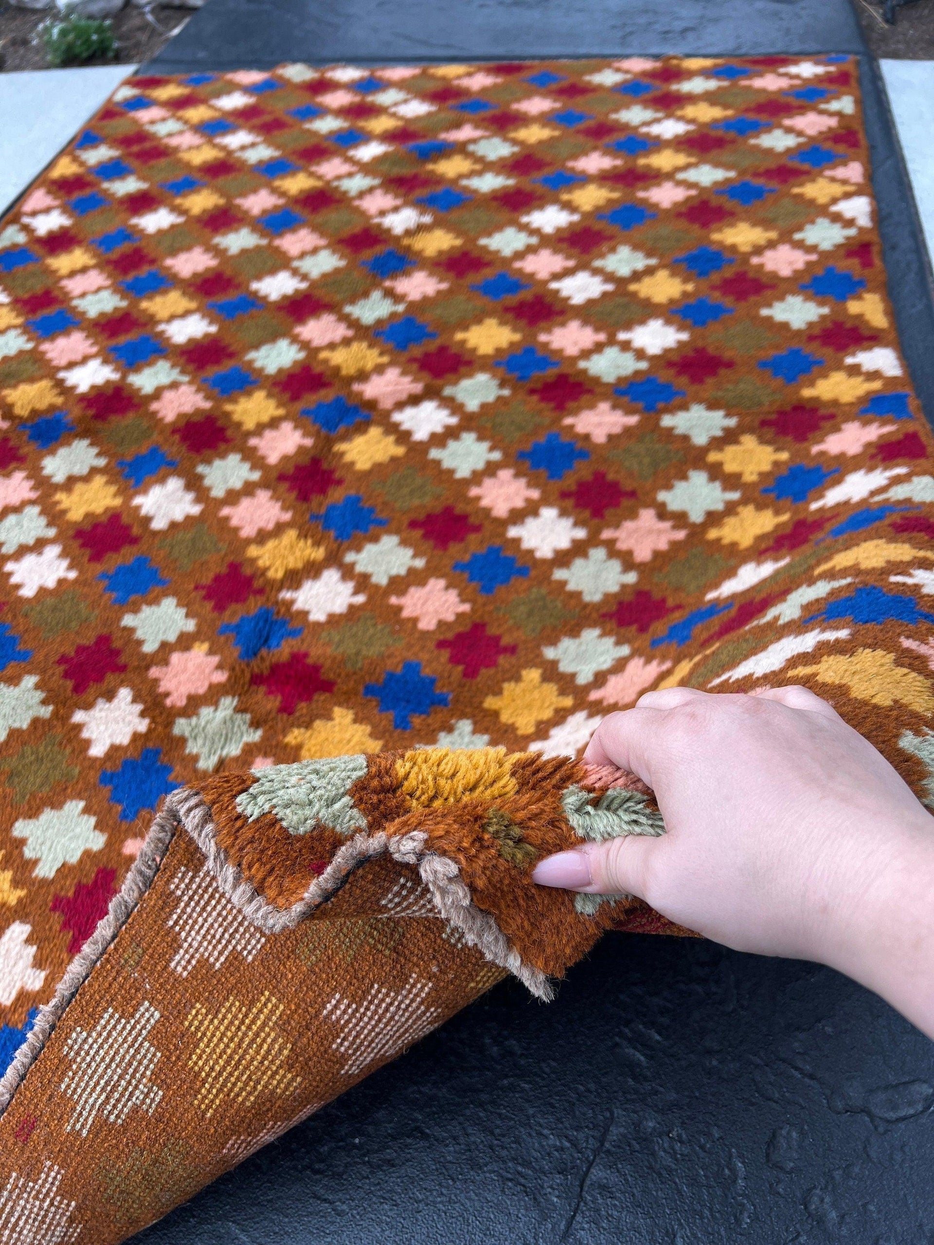 4x6 (120x215) Handmade Vintage Baluch Afghan Rug | Hazel Olive Brown Pink Blue Ivory Turquoise Garnet Red Gold Moss Green | Geometric Wool