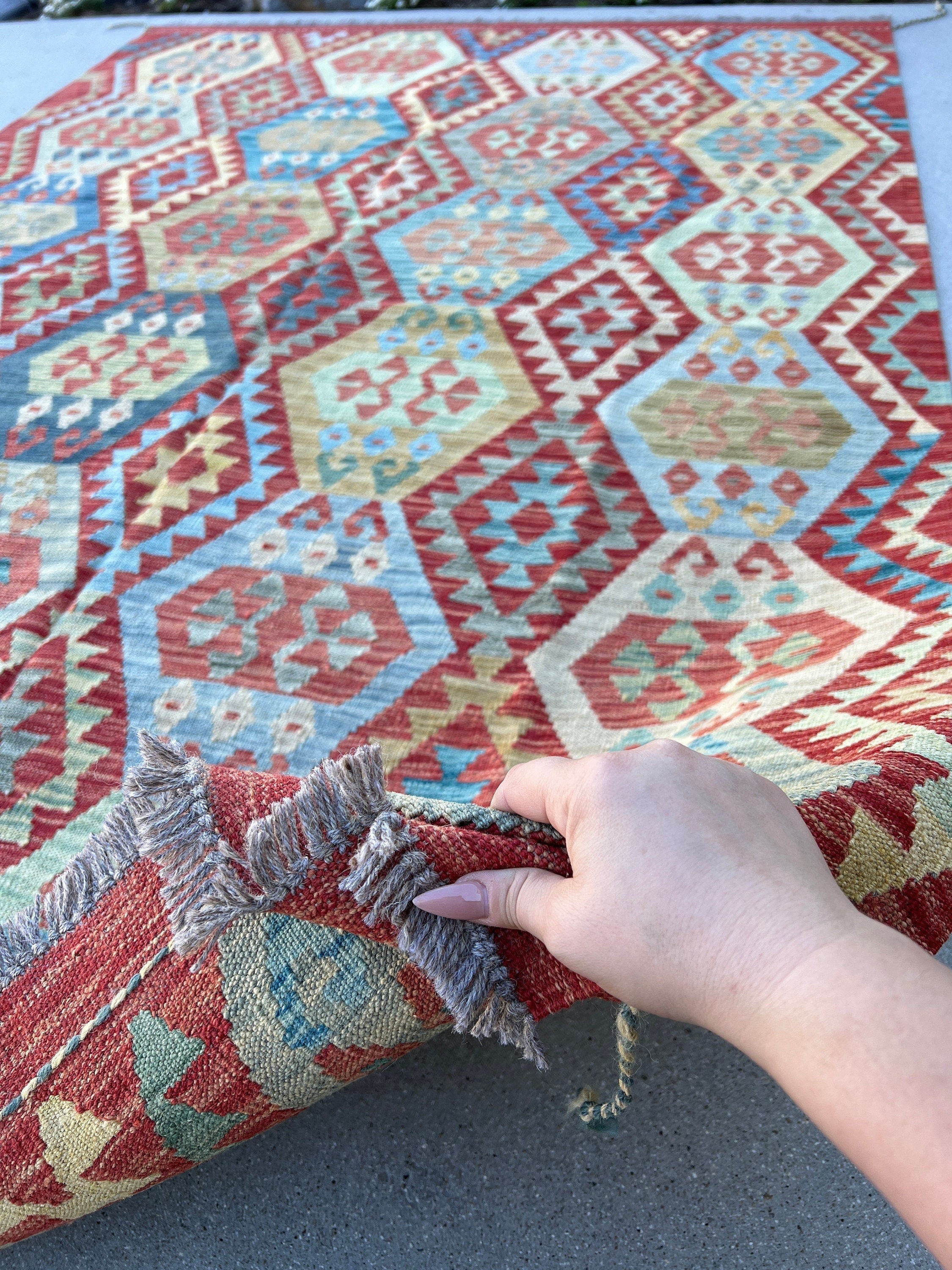 6x9 (180x275) Handmade Afghan Kilim Rug | Brick Red Teal Cream Beige Moss Olive Green Taupe Sky Blue Yellow | Hand Knotted Geometric Wool