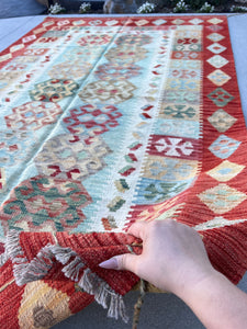6x9 (180x275) Handmade Afghan Kilim Rug | Brick Red Sky Blue Olive Green Grey Denim Blue Moss Green Blood Red Taupe | Geometric Hand Knotted
