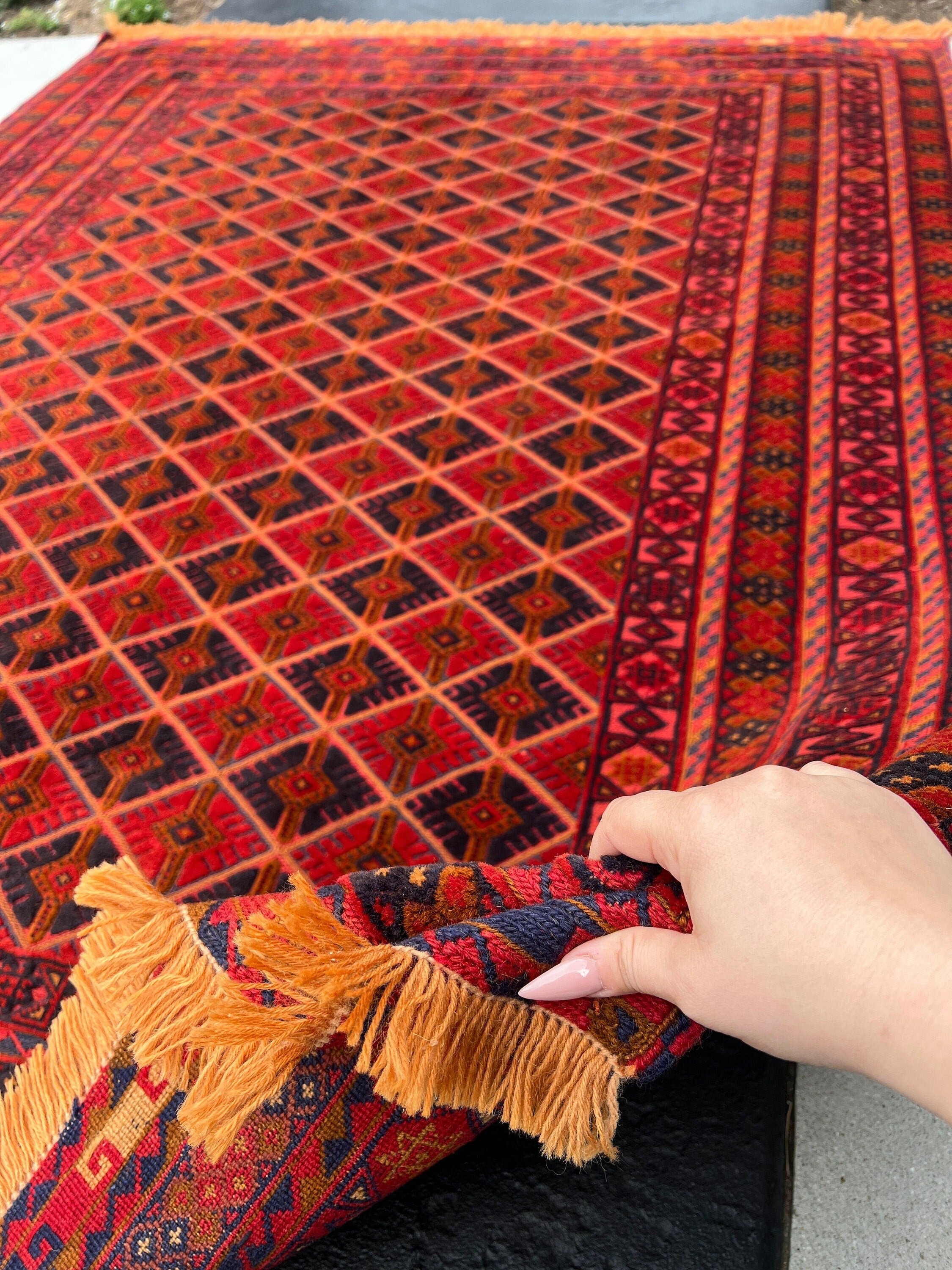 5x7 (150x215) Fair Trade Handmade Afghan Rug | Cherry Red Orange Black Taupe Crimson Red Midnight Blue | Hand Knotted Geometric Turkish Wool