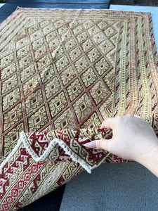 5x7 (150x215) Fair Trade Handmade Afghan Rug | Taupe Cream Beige Chocolate Crimson Red Moss Green Tan Cornsilk | Hand Knotted Geometric Wool