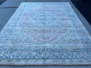8x11 (245x340) Handmade Afghan Rug Muted Pastel Denim Blue Salmon Pink Baby Blue Red Brown Beige Cream Turkish Oushak Persian Knotted Wool