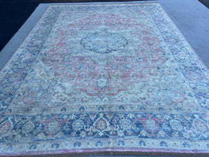 8x11 (245x340) Handmade Afghan Rug Muted Pastel Denim Blue Salmon Pink Baby Blue Red Brown Beige Cream Turkish Oushak Persian Knotted Wool