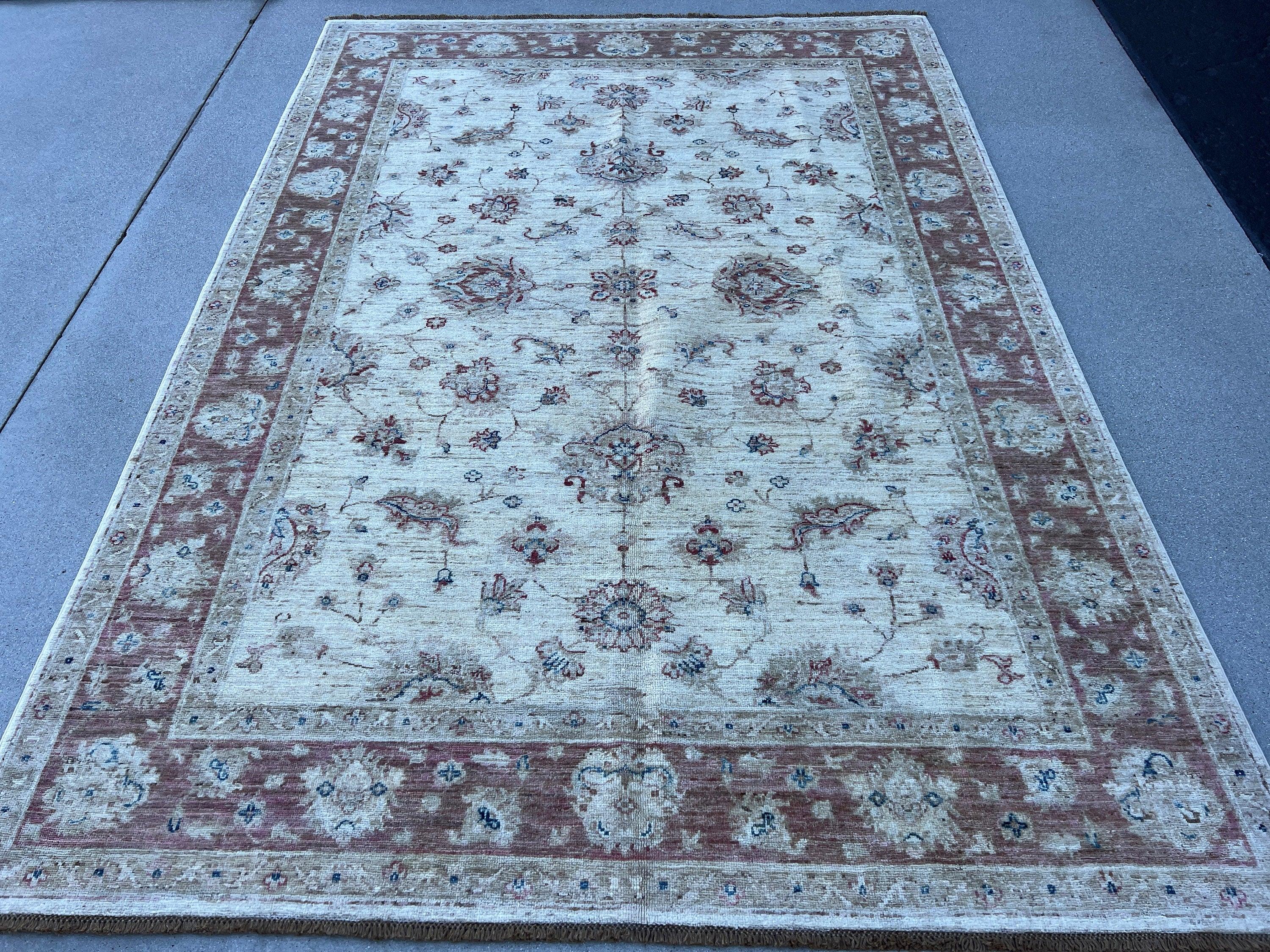 6x8 (180x245) Handmade Afghan Rug | Muted Brown Cream Beige Gold Ivory Dirty White Light Brown Blue | Turkish Oushak Persian Heriz Serapi