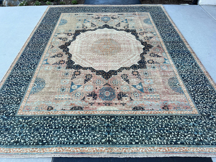 8x10 (245x305) Handmade Afghan Rug | Muted Beige Mauve Salmon Pink Caramel Brown Space Sky Navy Blue Ivory | Mamluk Turkish Oushak Persian