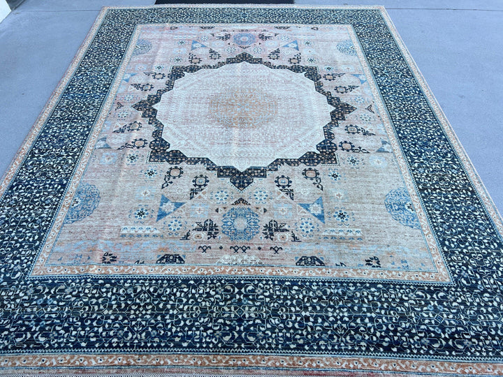 8x10 (245x305) Handmade Afghan Rug | Muted Beige Mauve Salmon Pink Caramel Brown Space Sky Navy Blue Ivory | Mamluk Turkish Oushak Persian