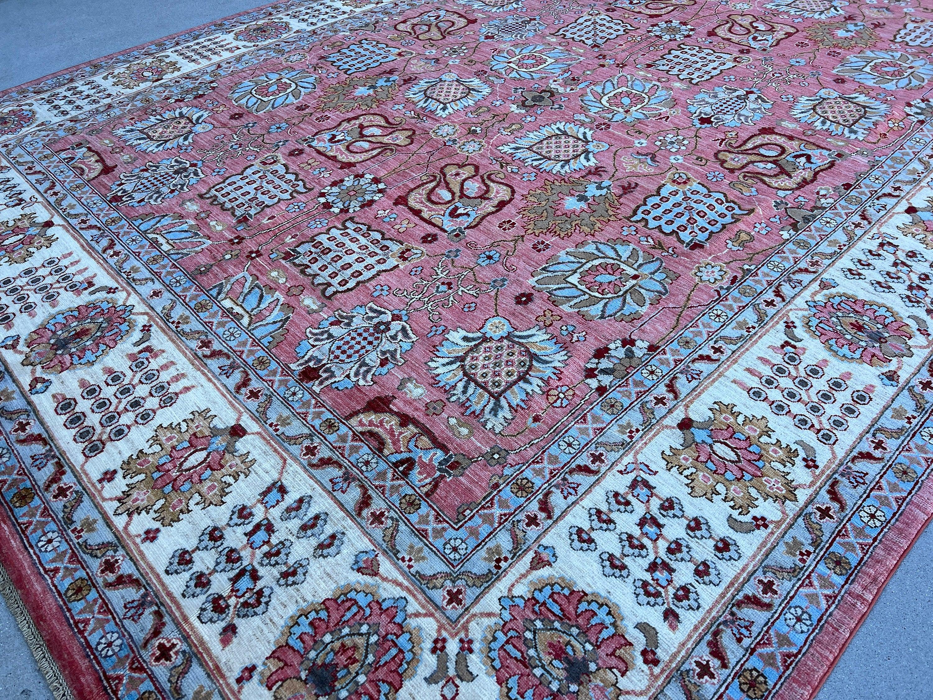 9x12 Fair Trade Hand-Knotted Afghan Rug | Salmon Pink Coral Beige Brown Sky Baby Blue Cream Ivory Maroon Red | Persian Wool Knotted Woolen