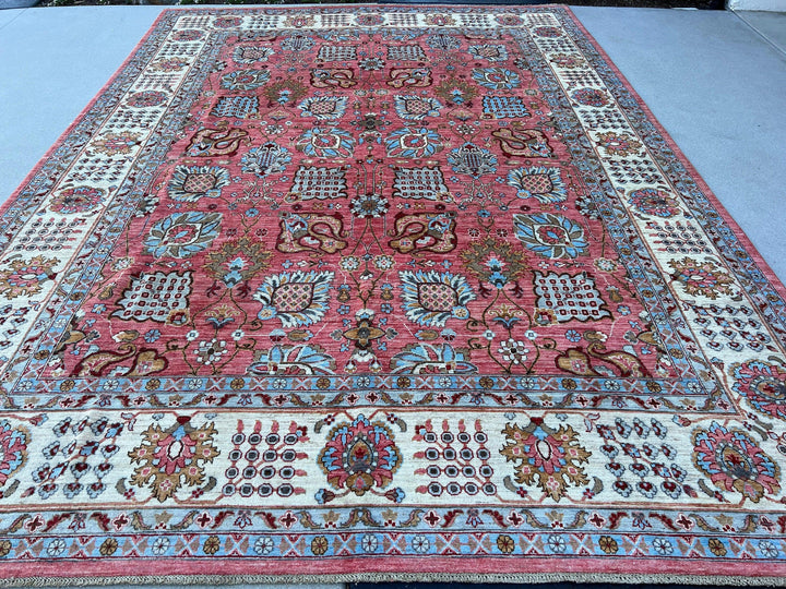 9x12 Fair Trade Hand-Knotted Afghan Rug | Salmon Pink Coral Beige Brown Sky Baby Blue Cream Ivory Maroon Red | Persian Wool Knotted Woolen