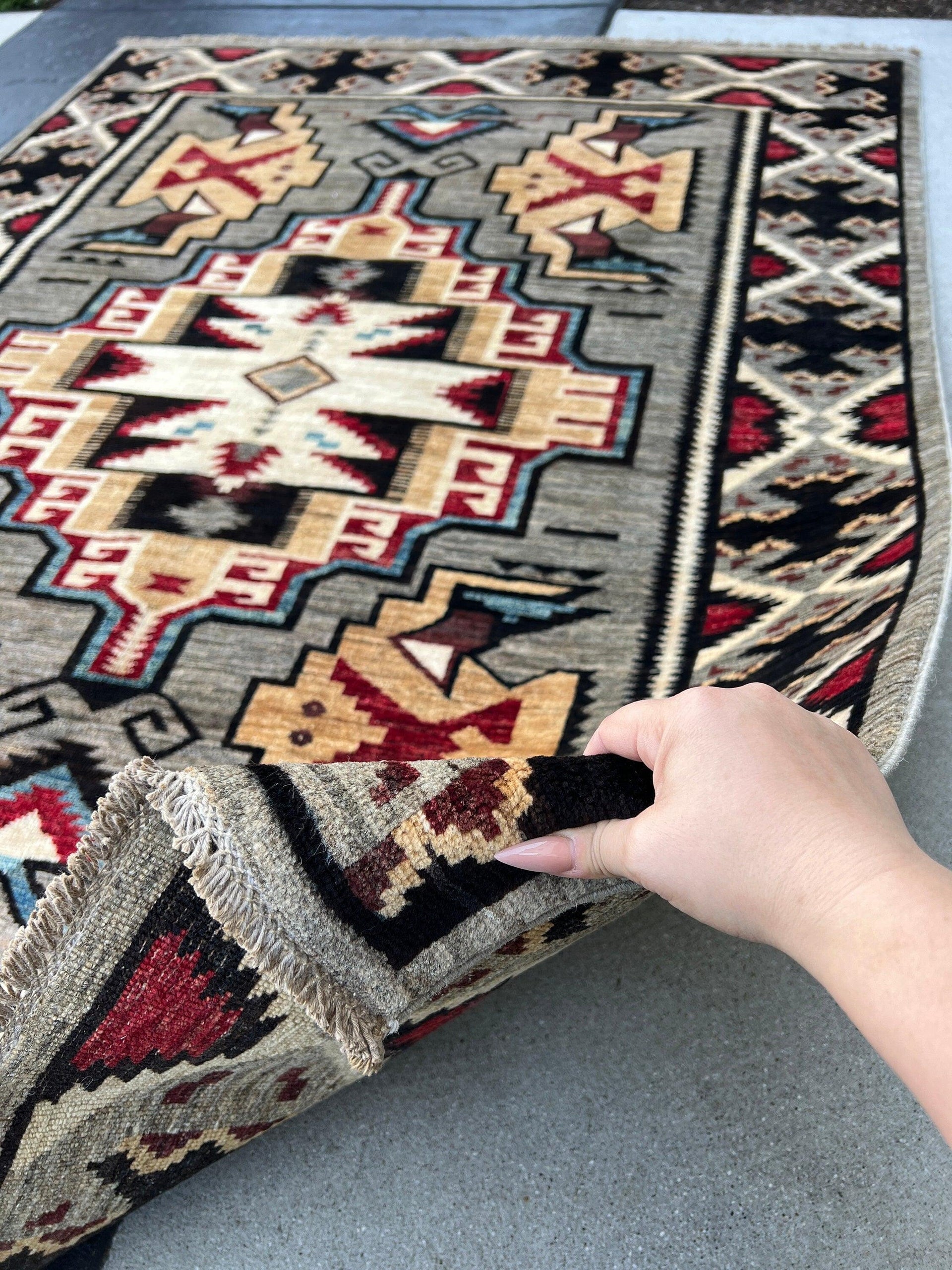 5x7 Fair Trade Handmade Afghan Rug | Grey Blue Cherry Red Light Chocolate Brown Cream Black Beige Ivory | Turkish Persian Wool Serapi Woolen