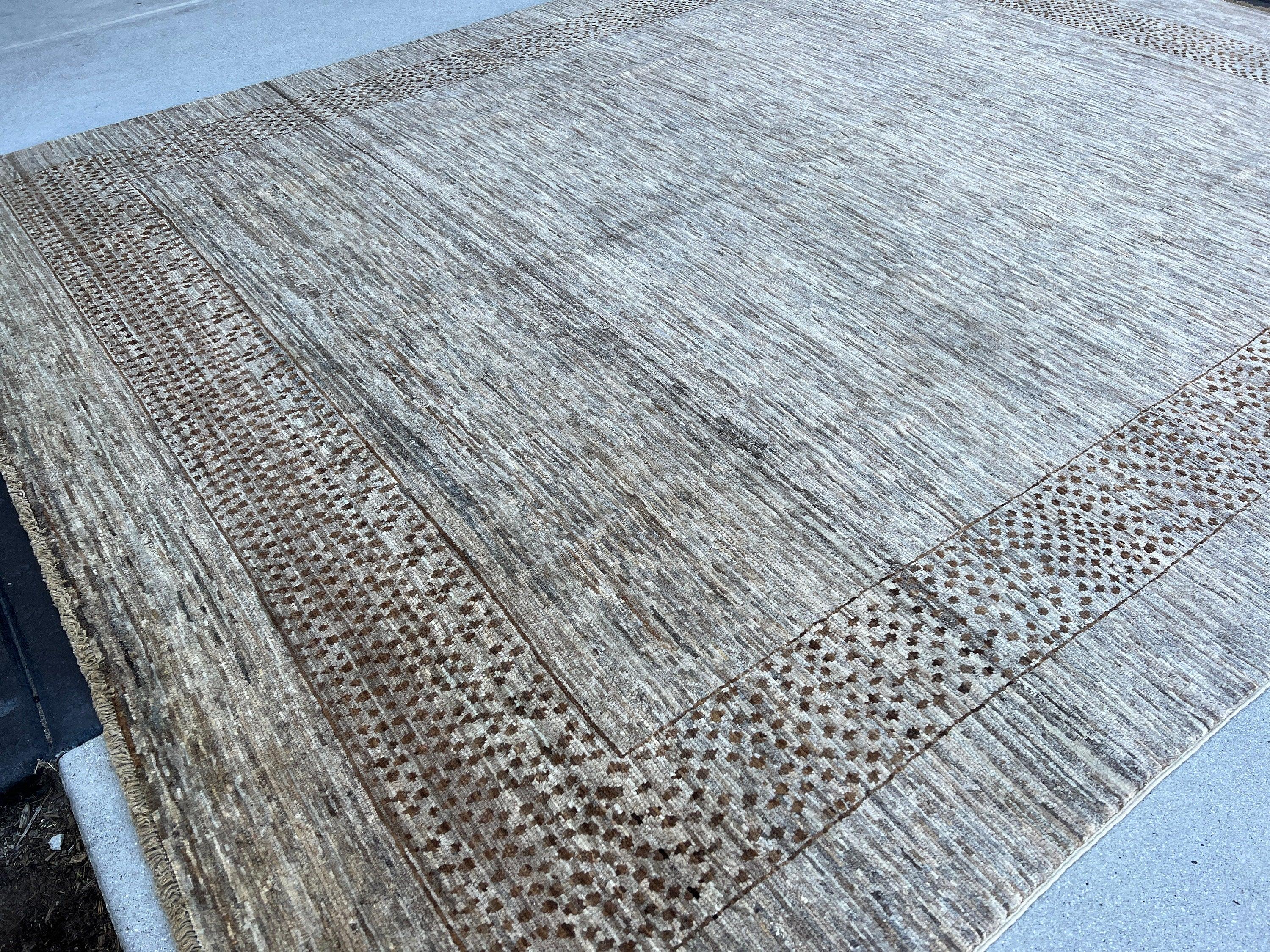 8x10 (245x305) Handmade Afghan Rug | Neutral Grey Brown | Wool Moroccan Hand Knotted Hand Woven Modern Contemporary Luxury Farmhouse Rustic