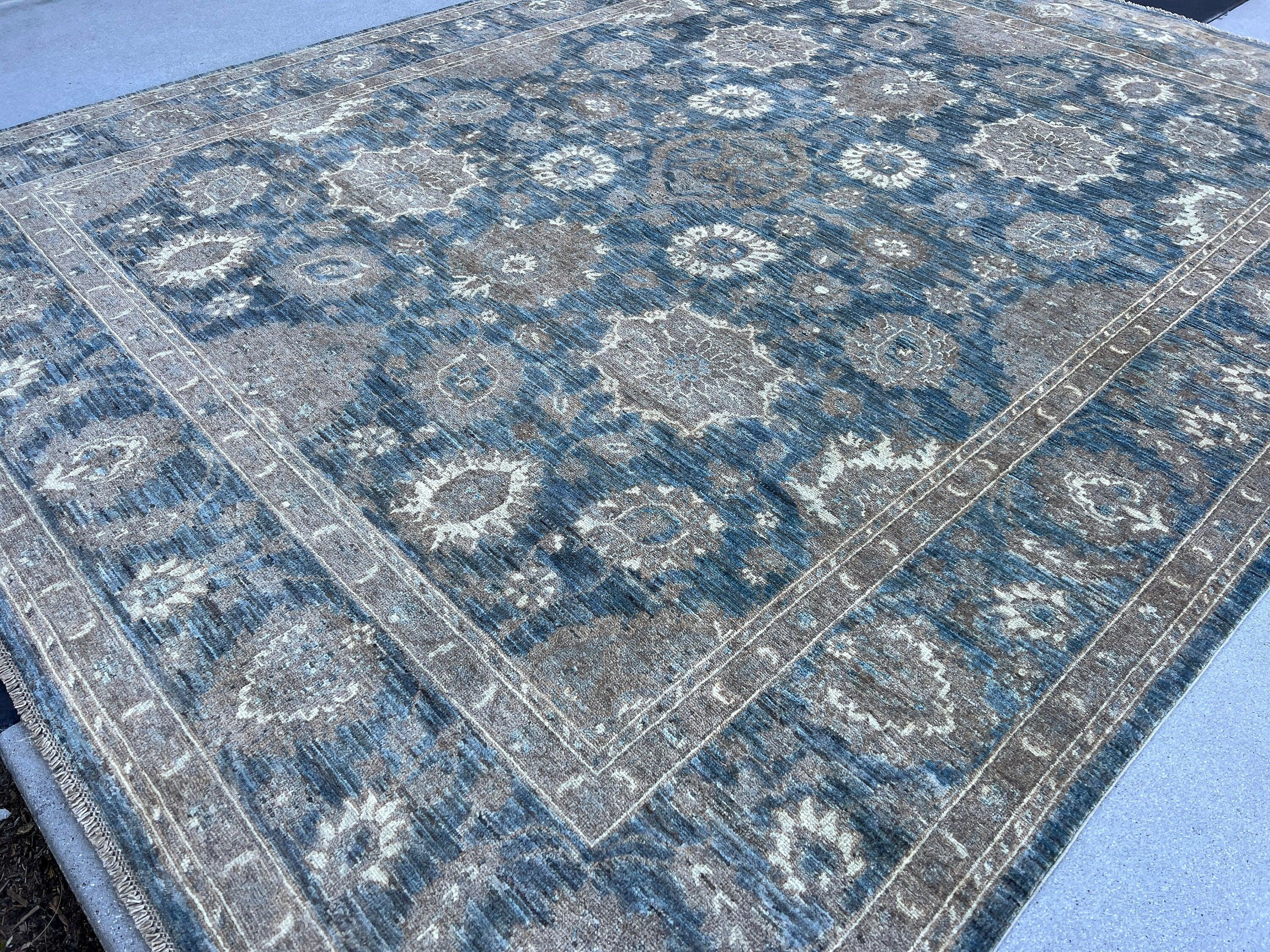 8x10 (245x305) Handmade Afghan Rug | Denim Blue Grey Ivory Taupe Brown | Wool Moroccan Hand Knotted Hand Woven Turkish Oushak Transitional