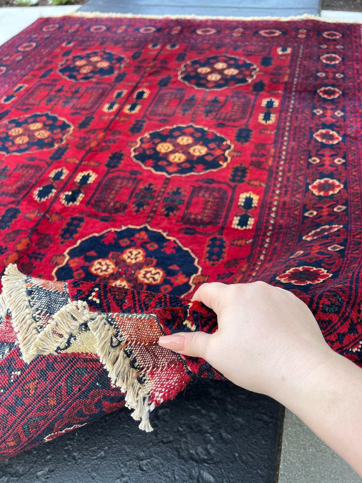 5x7 (150x215) Fair Trade Handmade Afghan Rug | Cherry Red Black Mustard Yellow Burnt Orange Pine Green Crimson Red | Hand Knotted Floral