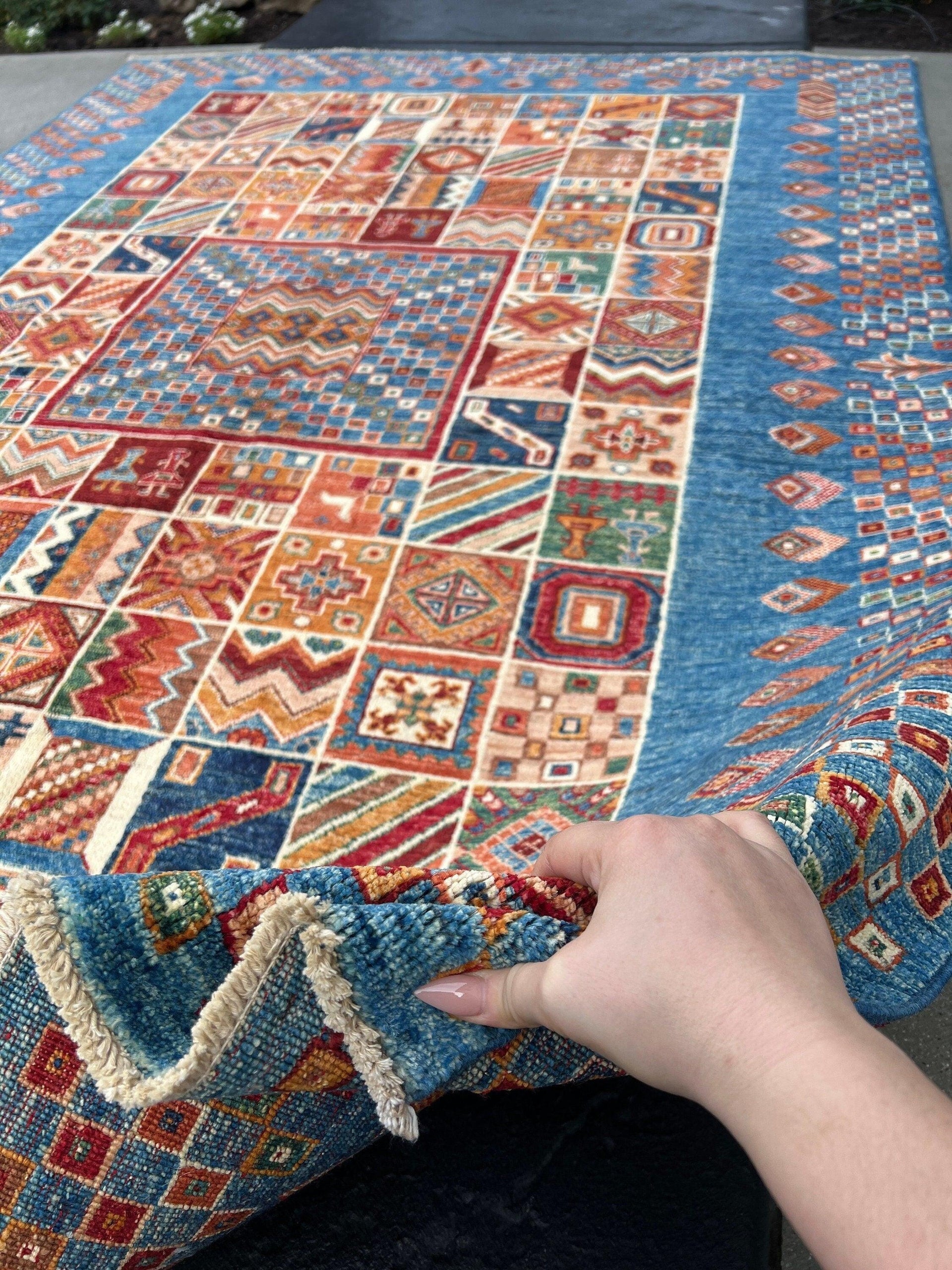 5x8 (150x245) Fair Trade Handmade Afghan Rug | Midnight Blue Chocolate Mocha Blood Red Cream Beige Forest Green Denim Blue Hand Knotted Wool