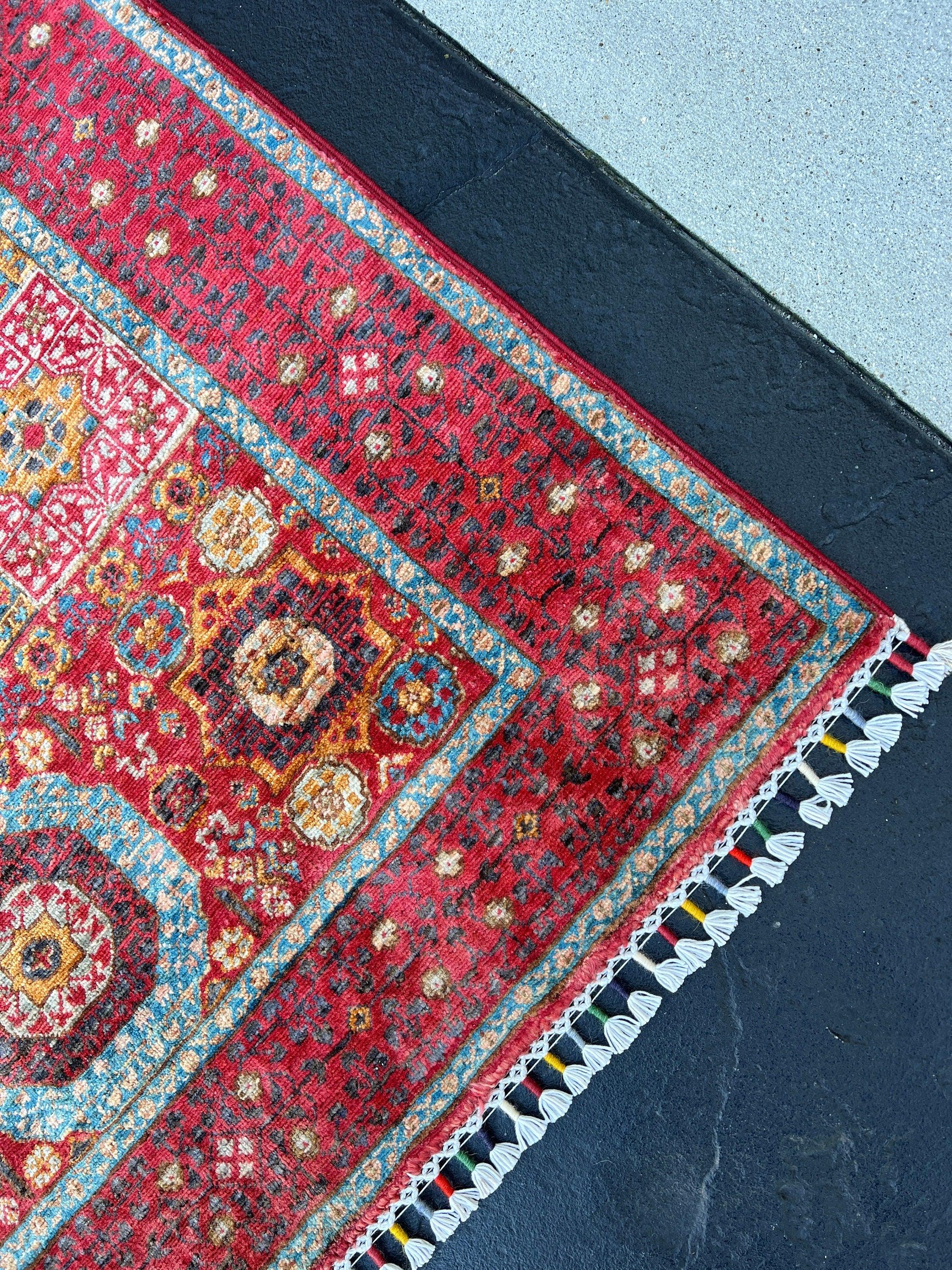 3x5~4x5 Fair Trade Handmade Afghan Rug | Cherry Red Charcoal Black Blue Orange Ivory Brown Cream | Knotted Tribal Turkish Oushak Persian