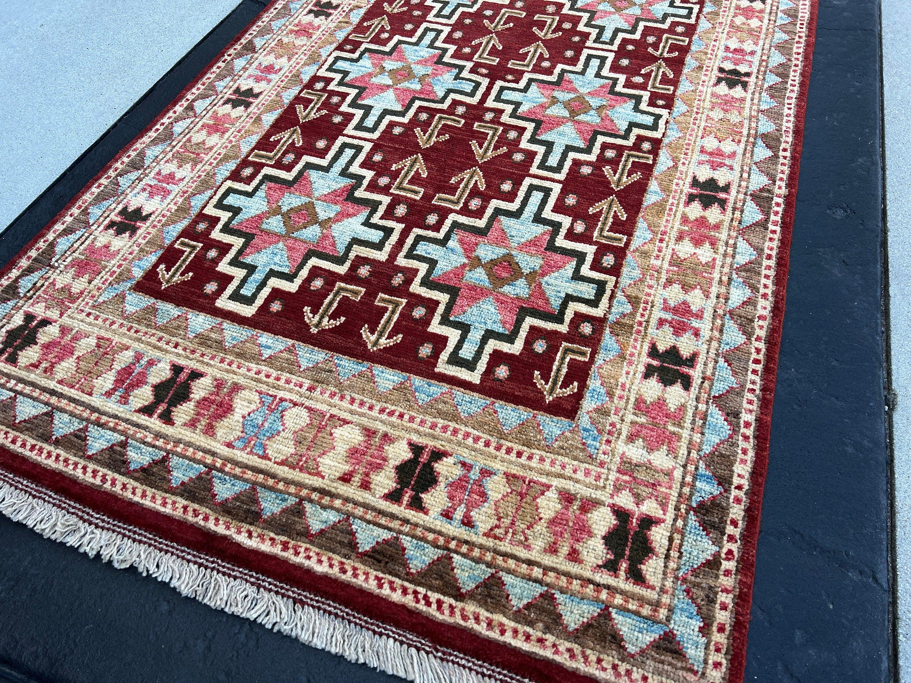 3x8~4x8 (120x245) Fair Trade Handmade Afghan Rug Runner | Maroon Denim Blue Red Chocolate Copper Brown Black Muted Orange | Persian Moroccan