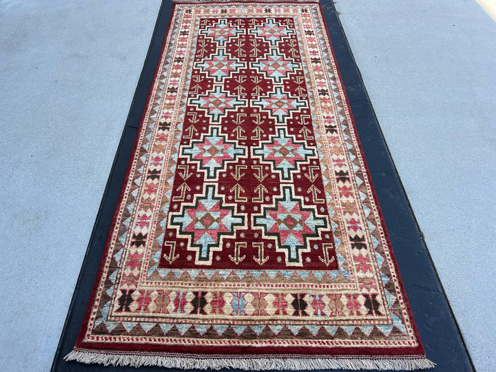 3x8~4x8 (120x245) Fair Trade Handmade Afghan Rug Runner | Maroon Denim Blue Red Chocolate Copper Brown Black Muted Orange | Persian Moroccan