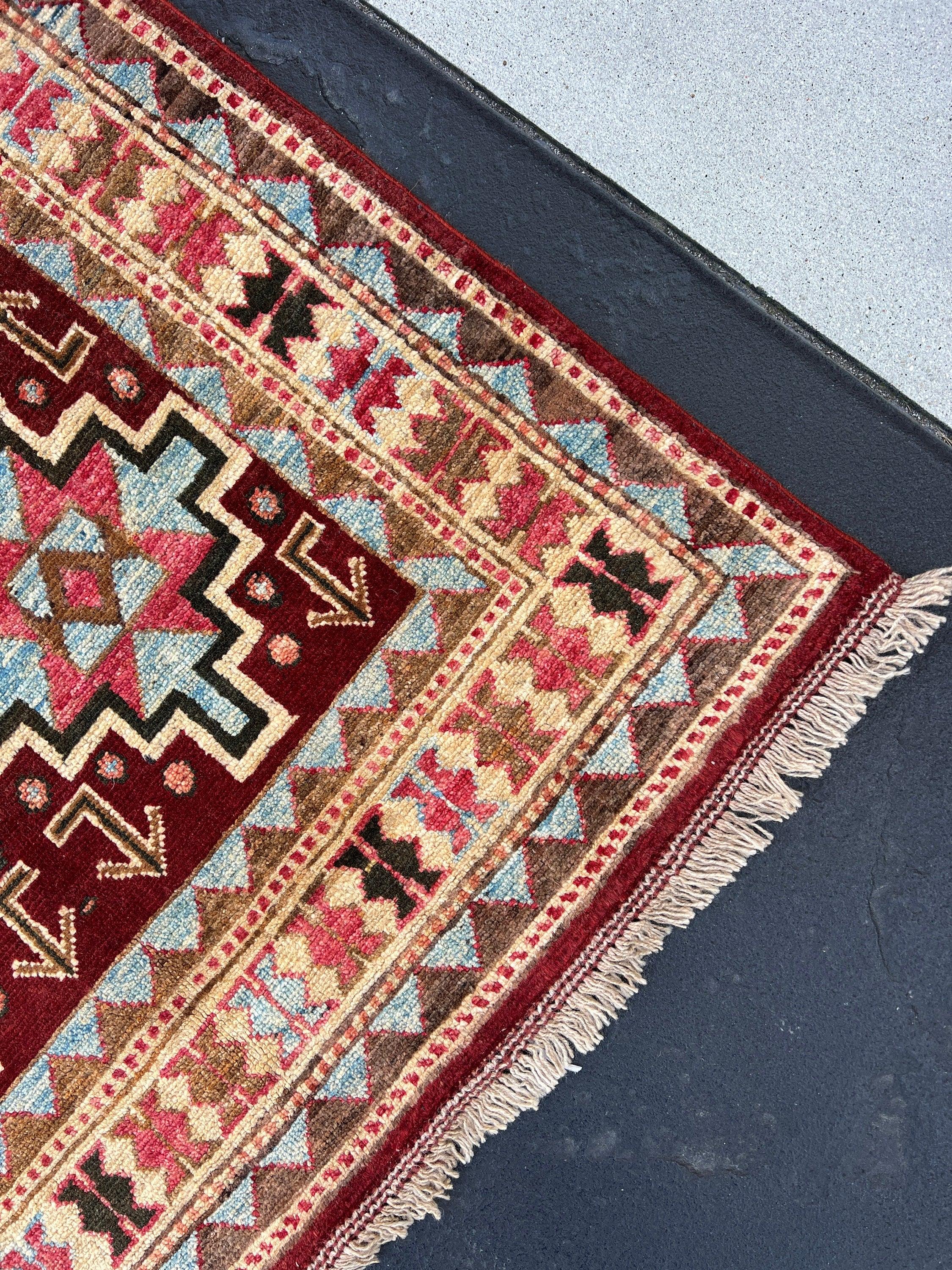 3x8~4x8 (120x245) Fair Trade Handmade Afghan Rug Runner | Maroon Denim Blue Red Chocolate Copper Brown Black Muted Orange | Persian Moroccan