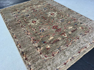 5x7 (150x215) Handmade Afghan Rug | Grey Gray Moss Green Red Orange Blue Green Cream Beige Ivory Brown | Floral Hand Knotted Persian