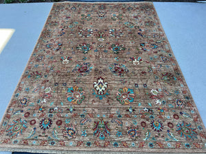 5x7 (150x215) Handmade Afghan Rug | Chocolate Brown Sky Blue Turquoise Brick Red Ivory Green Muted Brown Blue Floral Tribal Knotted Persian
