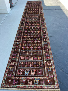 3x14 (90x410) Handmade Afghan Runner Rug | Chocolate Brown Baby Pink Denim Blue Coral Orange Ivory Green Purple Burnt Orange | Oriental