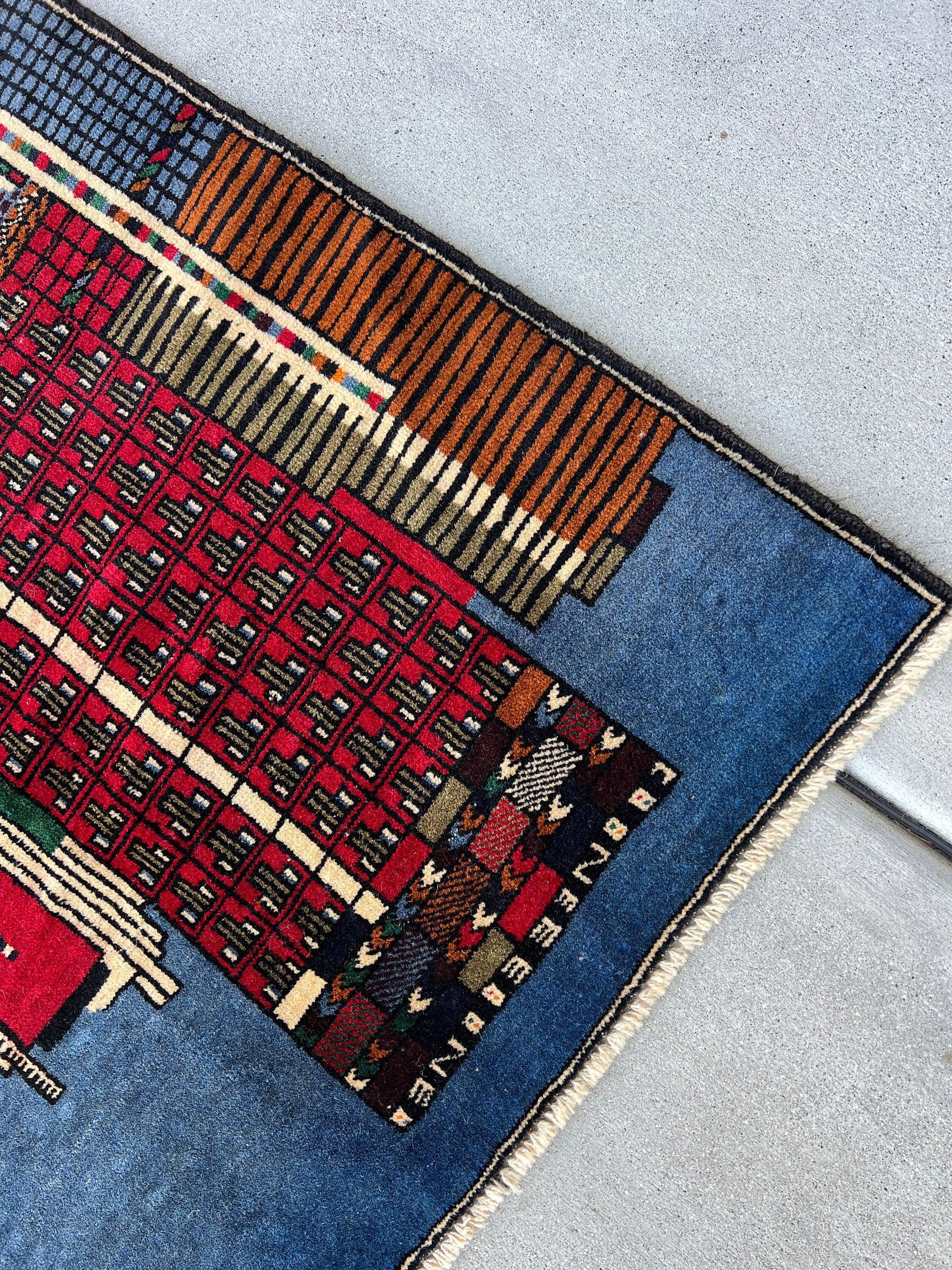 3x5 (100x180) Handmade Vintage Baluch Afghan Rug | Cherry Red Midnight Sky Royal Blue Copper Rust Brown Sage Pine Green Ivory Orange Black