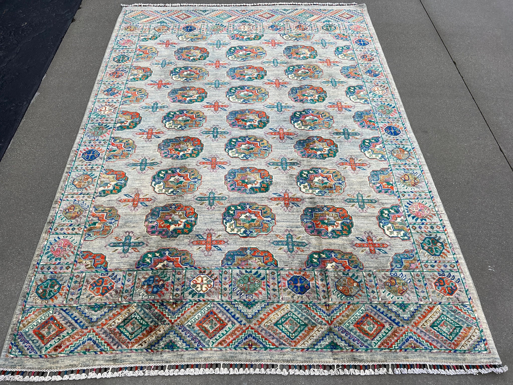 6x8 (180x245) Fair Trade Handmade Afghan Rug | Grey Gray Blue Pink Ivory Orange Teal Yellow Cream Beige Pine Green | Hand Knotted Persian