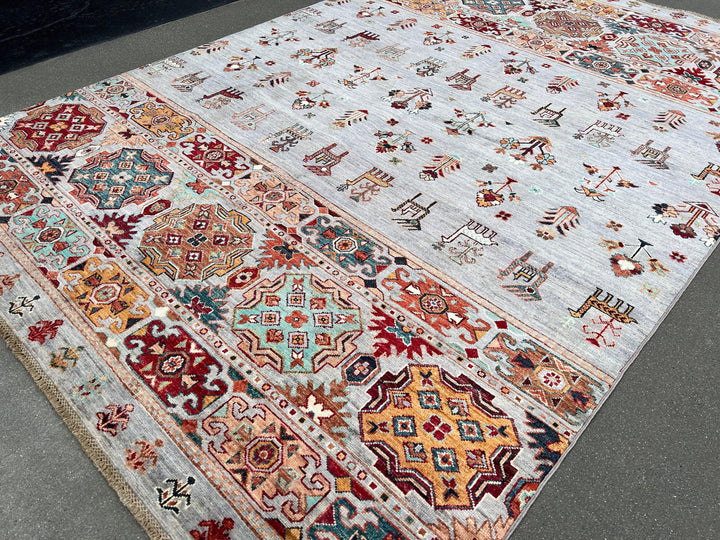 6x8 (180x245) Handmade Afghan Rug | Grey Gray Red Burnt Orange Pine Green Teal Brown Ivory Cream Blue | Heriz Serapi Boho Turkish Knotted