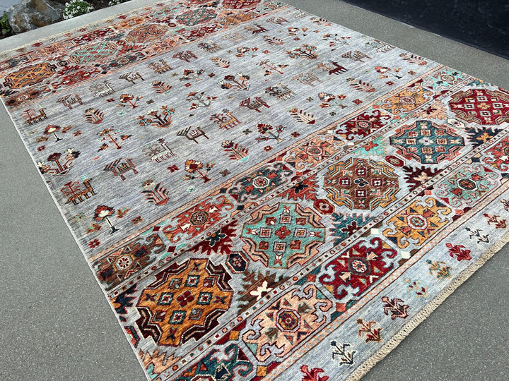 6x8 (180x245) Handmade Afghan Rug | Grey Gray Red Burnt Orange Pine Green Teal Brown Ivory Cream Blue | Heriz Serapi Boho Turkish Knotted