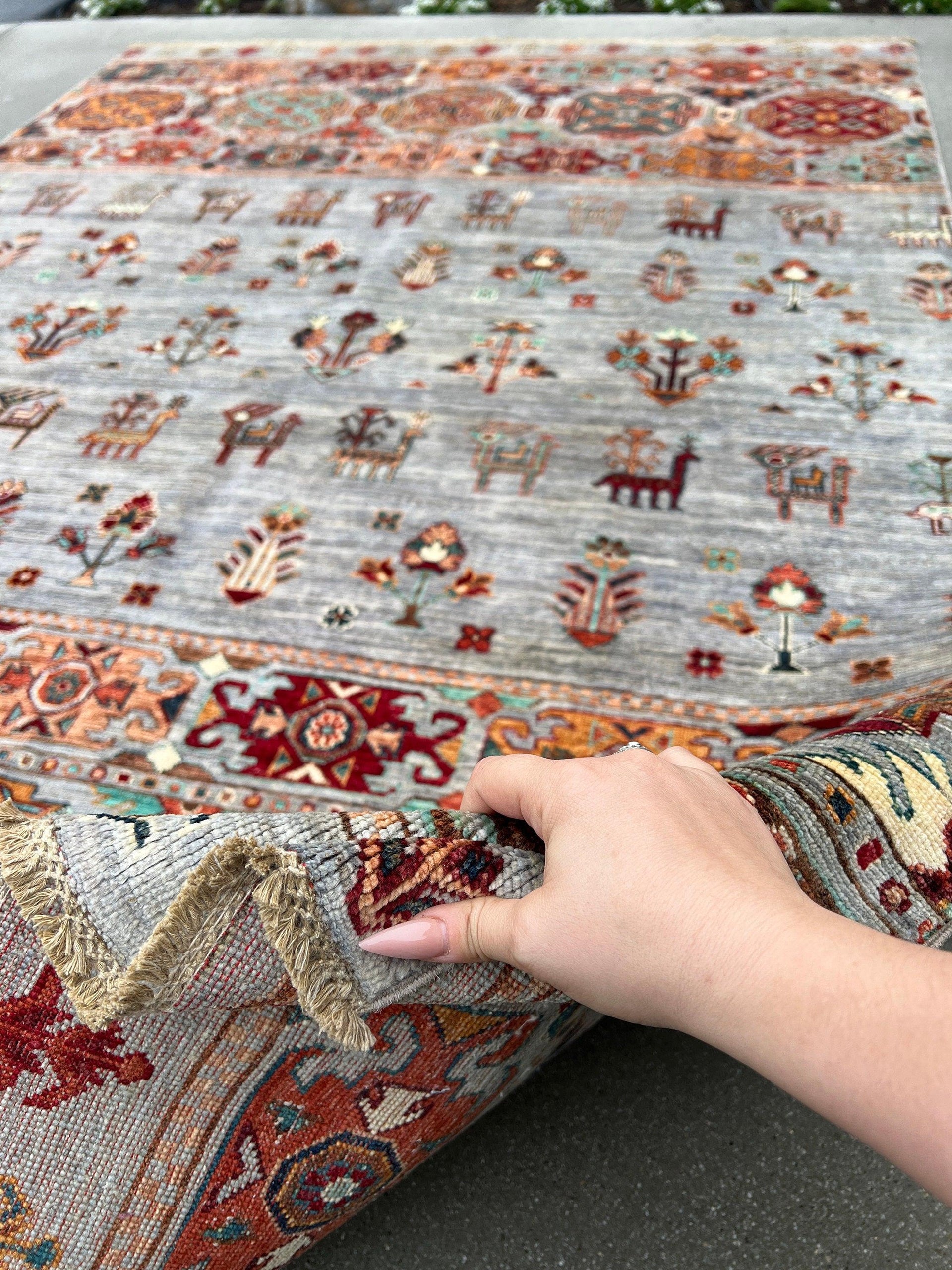 6x8 (180x245) Handmade Afghan Rug | Grey Gray Red Burnt Orange Pine Green Teal Brown Ivory Cream Blue | Heriz Serapi Boho Turkish Knotted