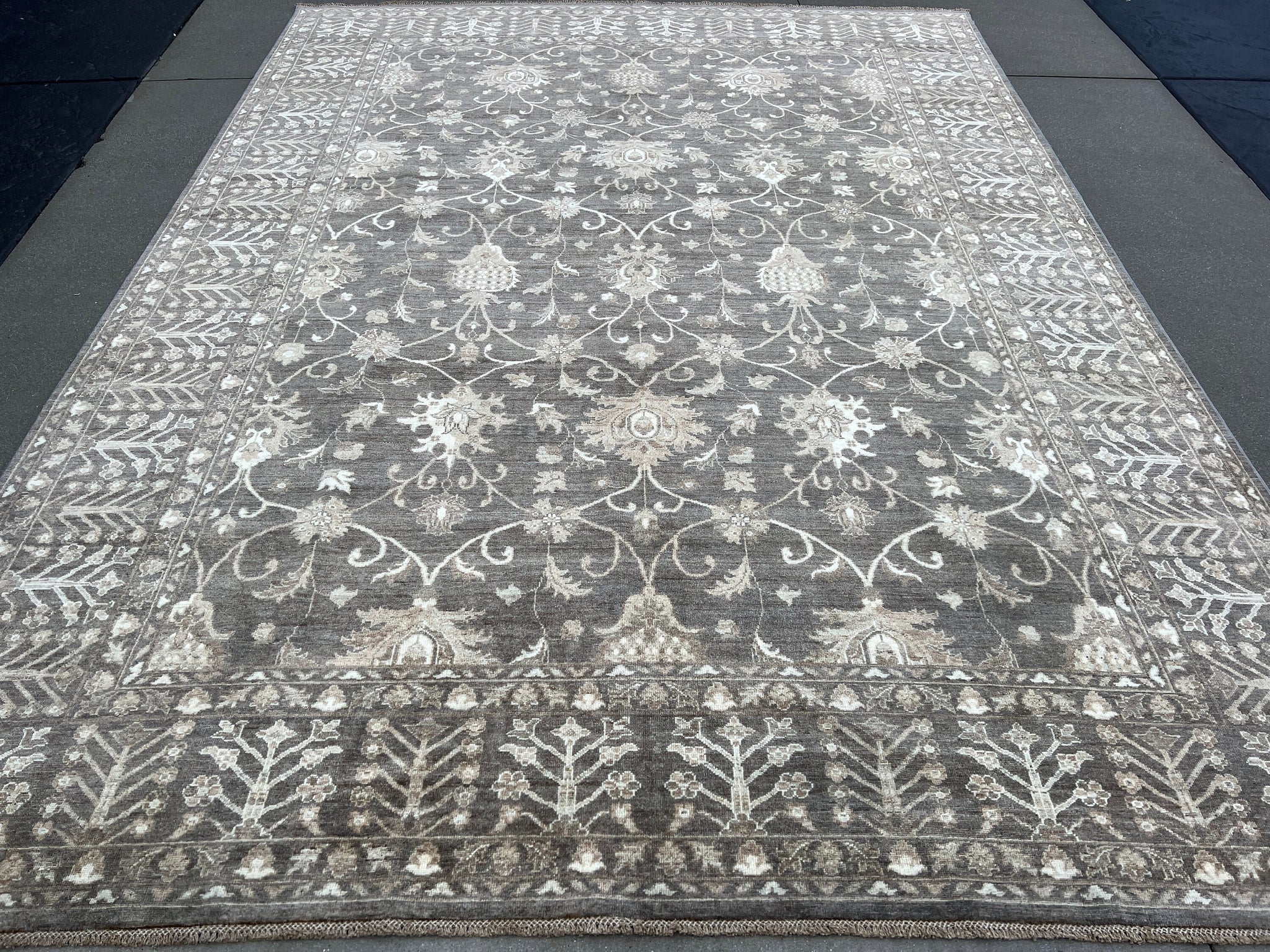 9x12 Handmade Afghan Rug | Grey Gray Ivory White Light Brown | Turkish Oushak Vintage Persian Tribal Floral Hand Knotted Modern Boho Classic