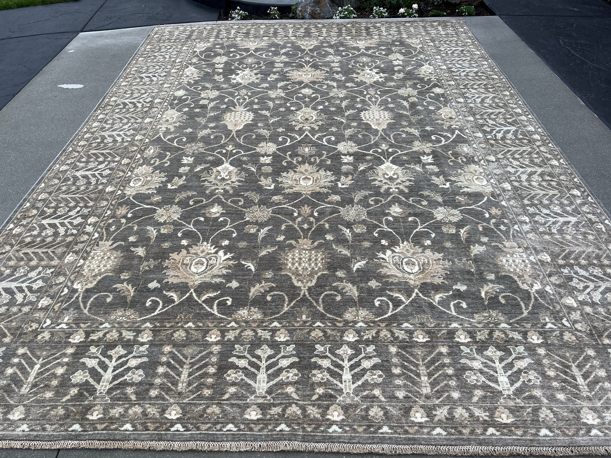 9x12 Handmade Afghan Rug | Grey Gray Ivory White Light Brown | Turkish Oushak Vintage Persian Tribal Floral Hand Knotted Modern Boho Classic