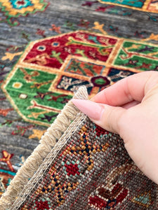 3x10 (90x305) Handmade Afghan Runner Rug | Grey Burnt Orange Brown Red Green Turquoise Yellow Ivory | Turkish Moroccan Oriental Persian Wool