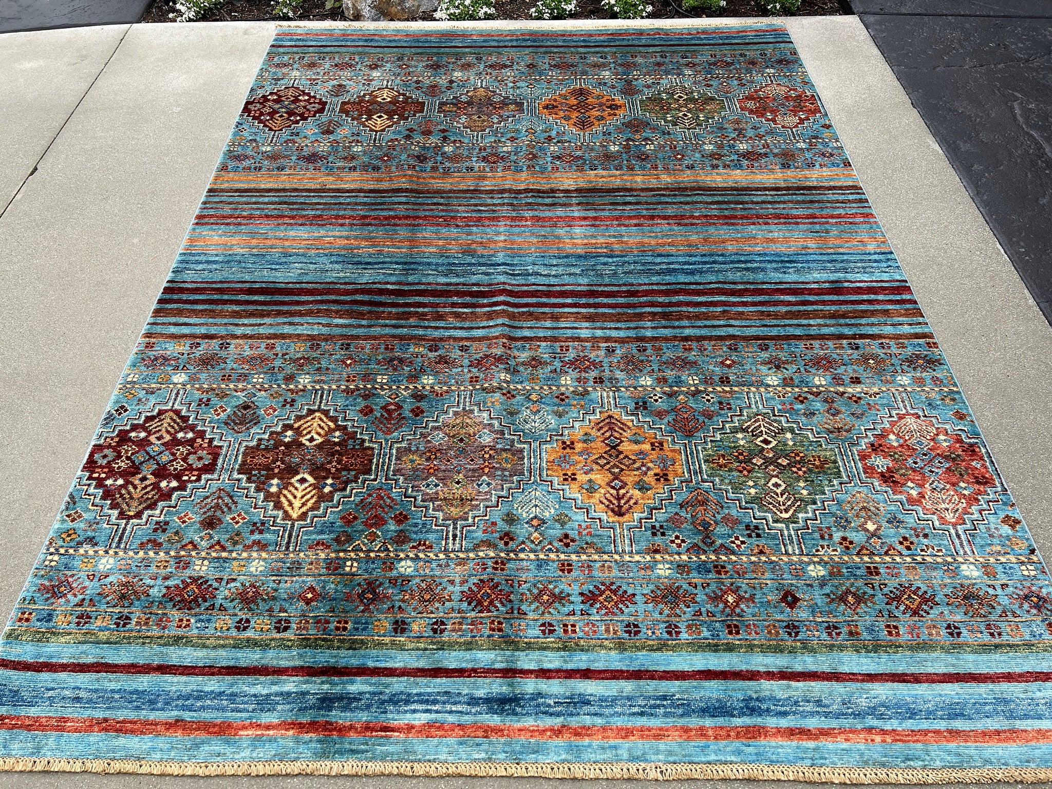 6x8 (180x245) Handmade Afghan Rug | Denim Blue Burnt Orange Brown Brick Red Cream Beige Ivory Green | Heriz Serapi Boho Turkish Floral Wool