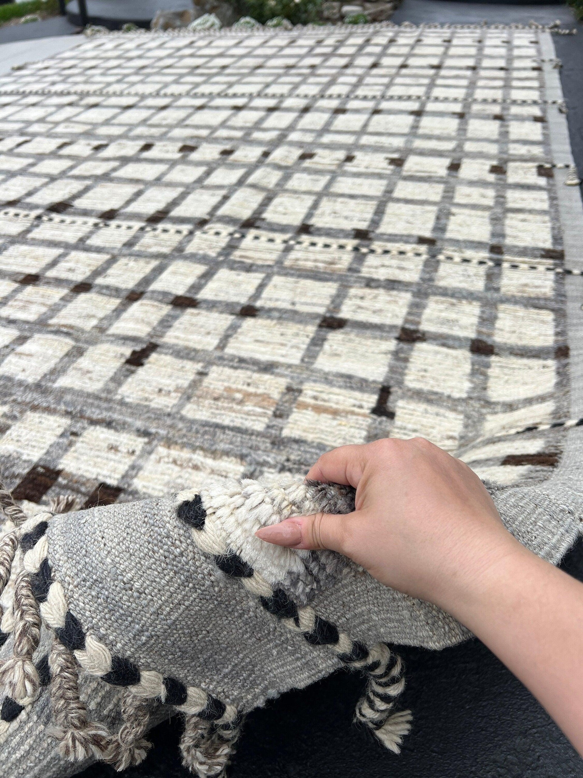 10x15 Handmade Afghan Moroccan Rug | Neutral Cream Ivory Grey Brown Charcoal Black | Berber Beni Ourain Mrirt Boujad Azilal Flokati Wool